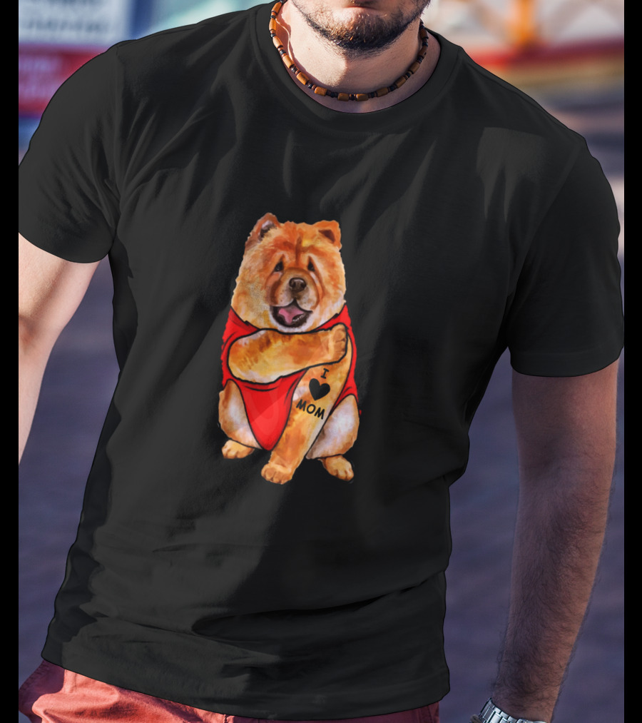 Chow Chow Dog In Red Outfit With I Love Mom Tattoo T-Shirt