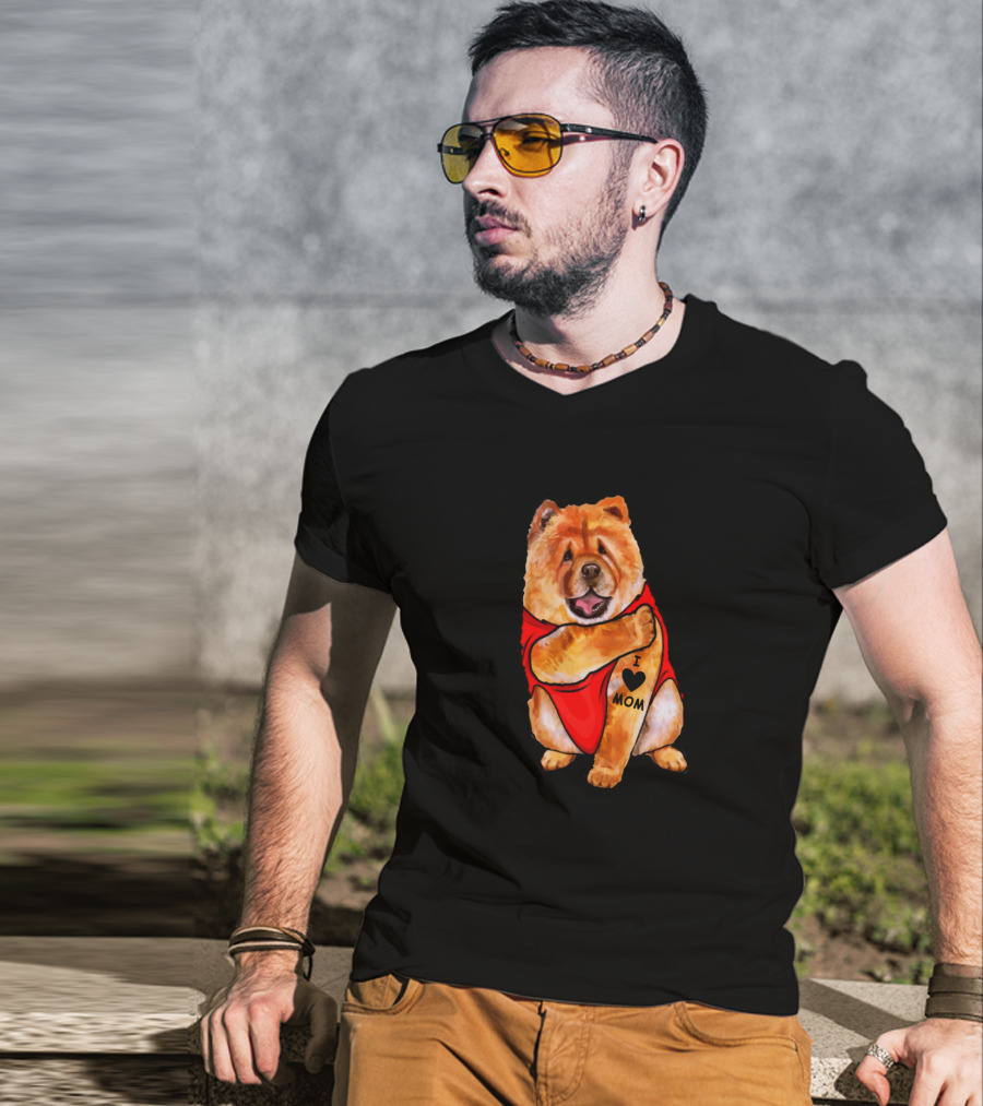 Chow Chow Dog In Red Outfit With I Love Mom Tattoo T-Shirt