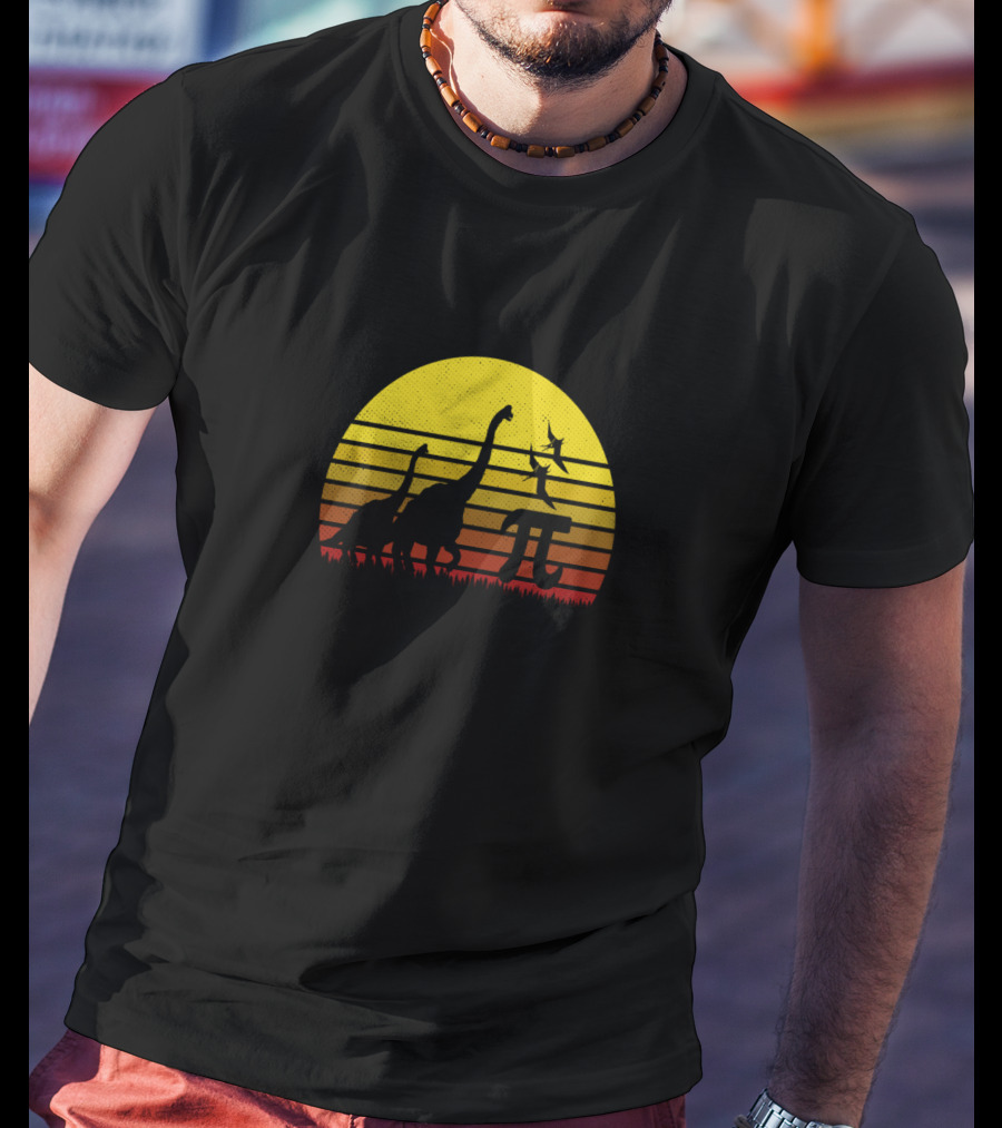 Retro Vintage Dinosaur Pi Day Sunset Scene T-Shirt