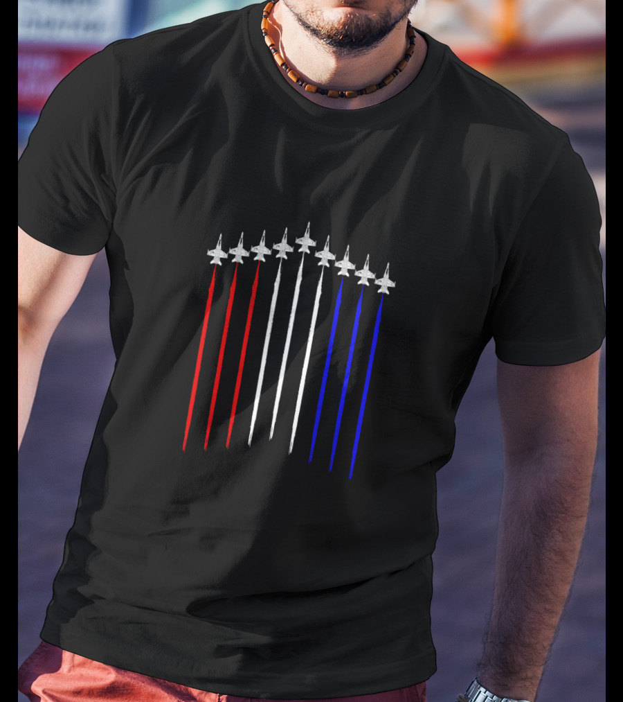 F18 Hornet Schematic Contrails In Red White Blue USA Flag T-Shirt