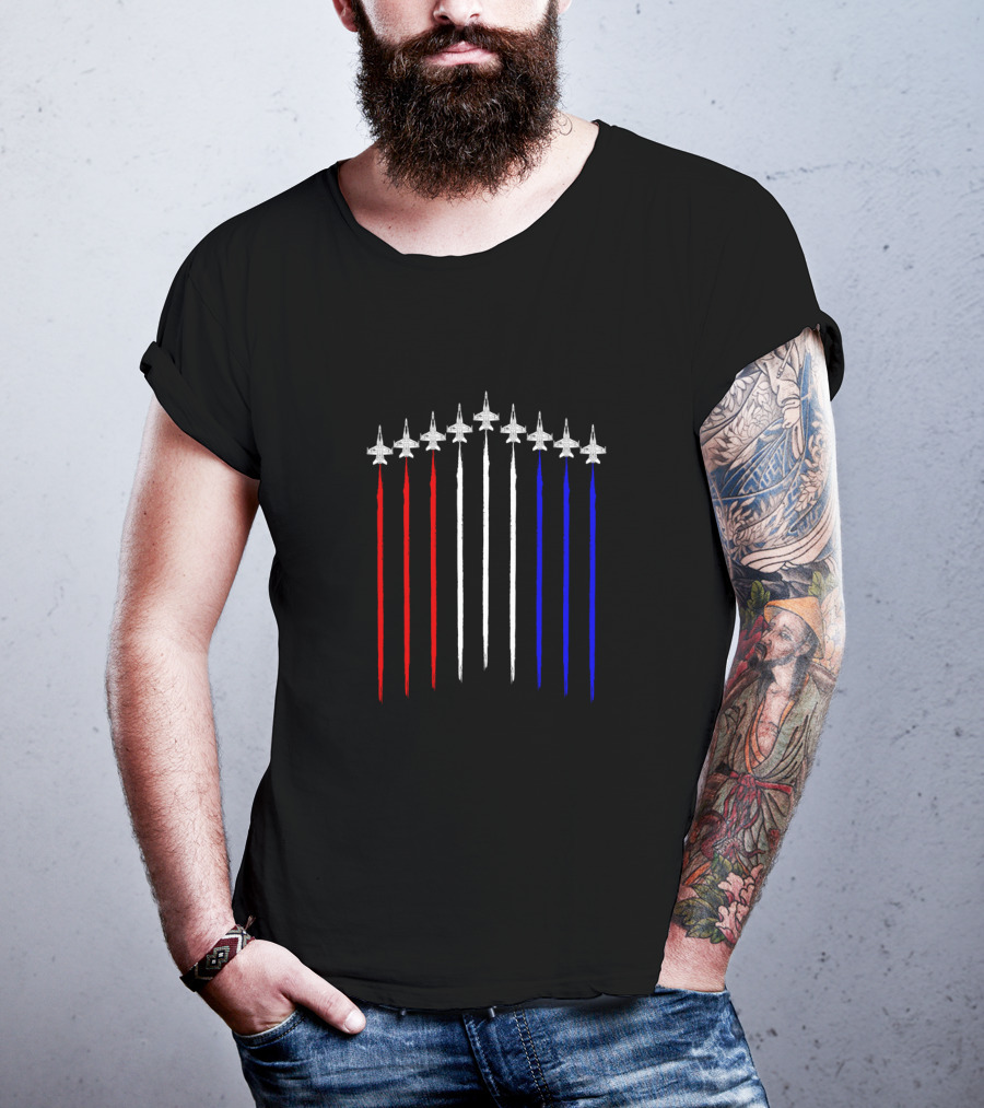 F18 Hornet Schematic Contrails In Red White Blue USA Flag T-Shirt