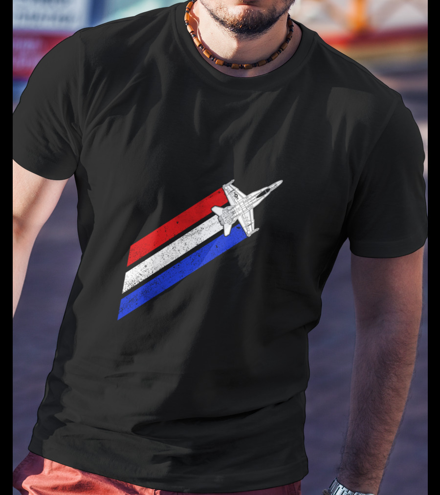 F18 Hornet Airplane Schematic Red White Blue Vintage Stripes T-Shirt