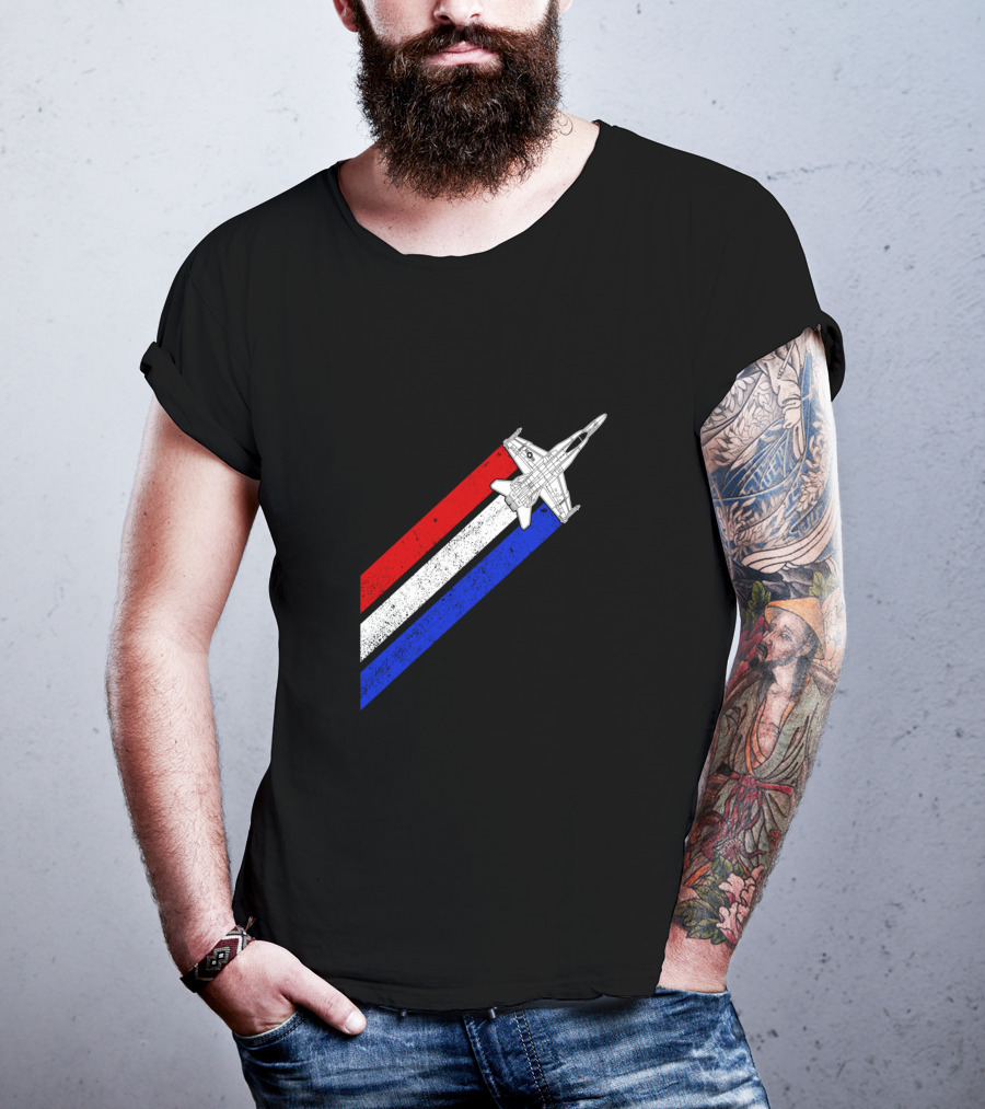 F18 Hornet Airplane Schematic Red White Blue Vintage Stripes T-Shirt