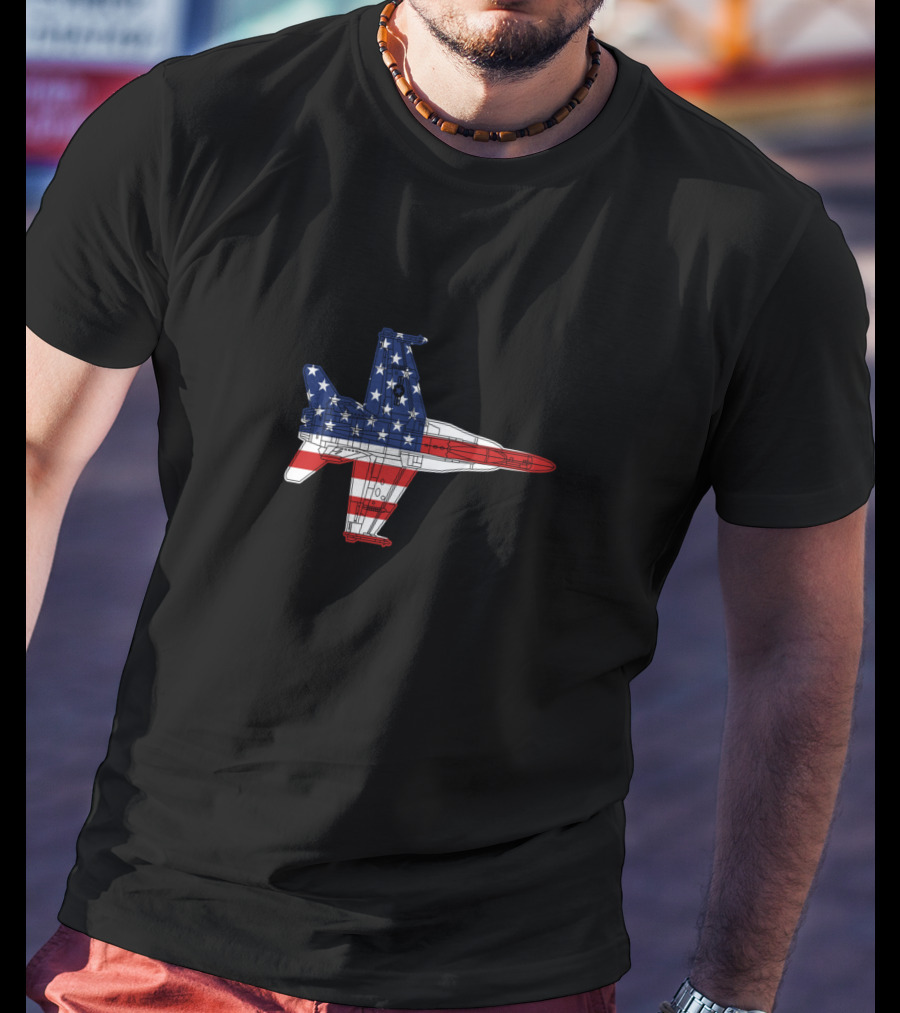 F18 Hornet Military Airplane Schematic American Flag T-Shirt
