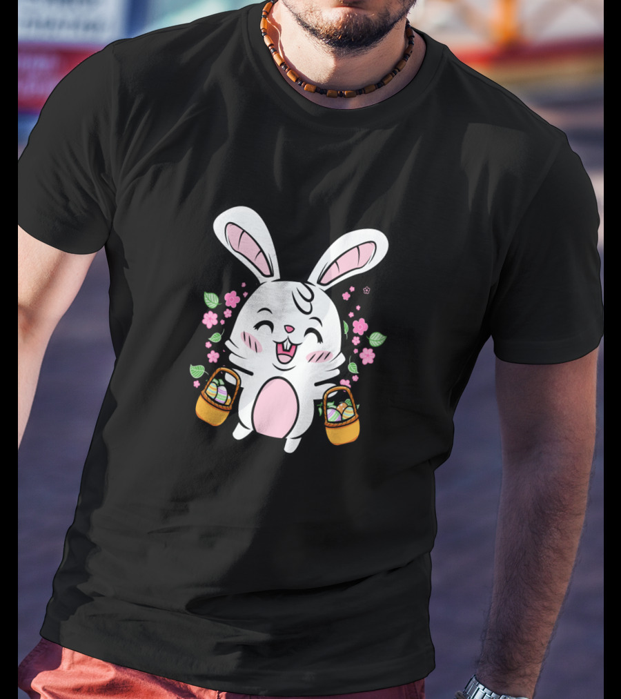 Kids Easter Bunny With Baskets Cute Egg Hunt Colorful Spring Flowers T-Shirt