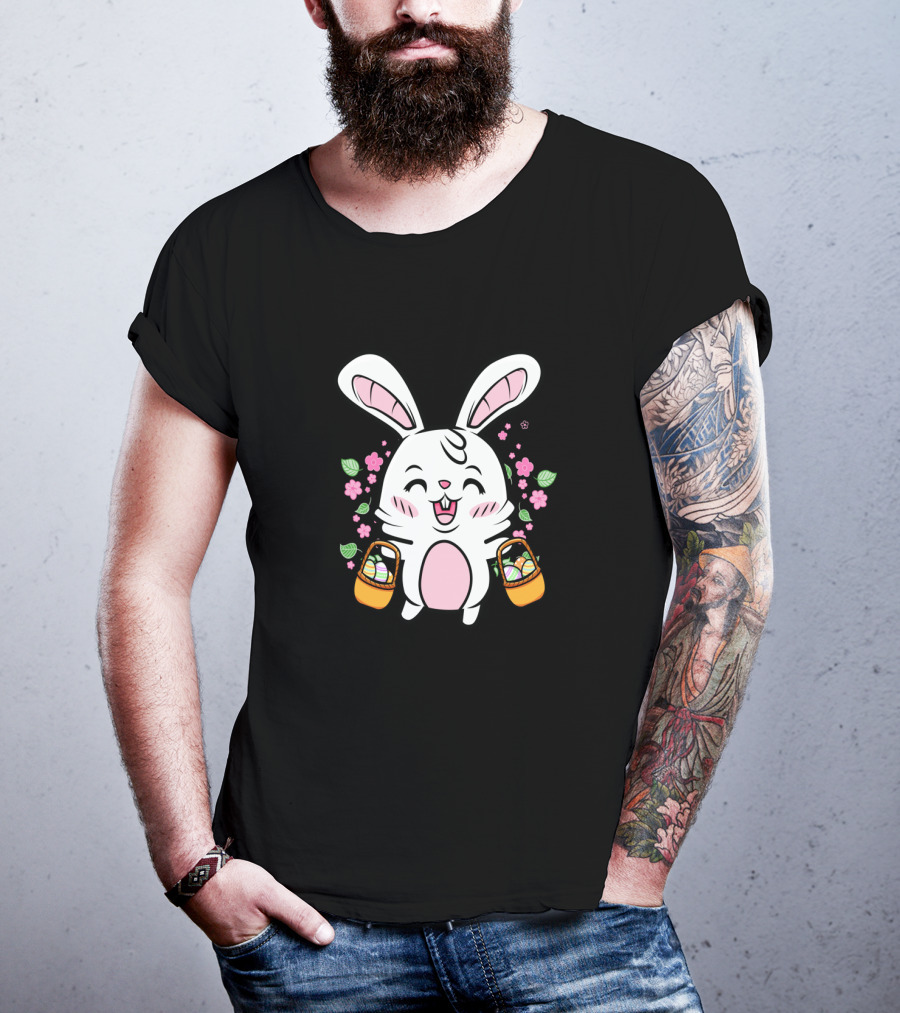 Kids Easter Bunny With Baskets Cute Egg Hunt Colorful Spring Flowers T-Shirt