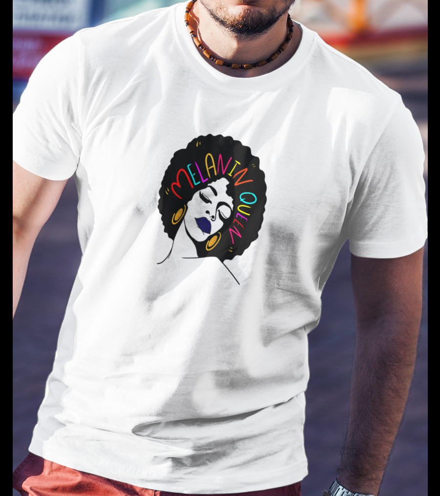 Melanin Queen Afro American Afro Latina Proud Black Woman Raglan Afro Hairstyle Bold Colors Gold Hoop Earrings T-Shirt