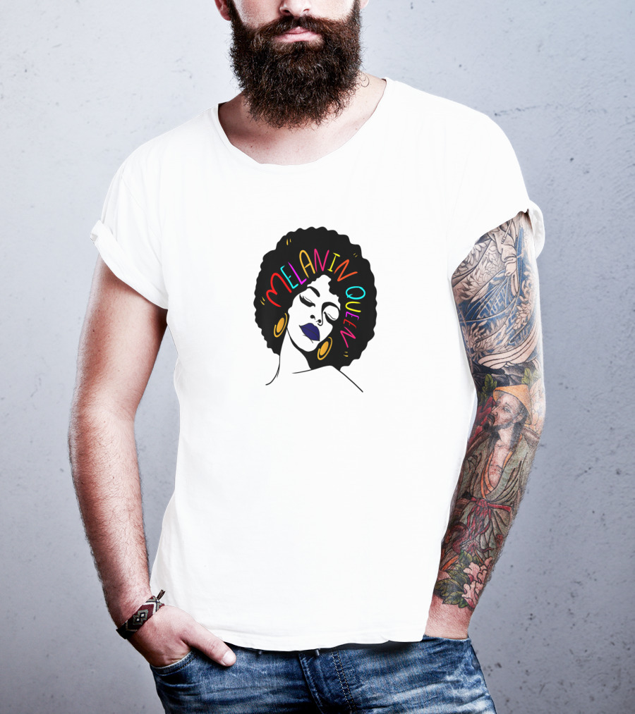 Melanin Queen Afro American Afro Latina Proud Black Woman Raglan Afro Hairstyle Bold Colors Gold Hoop Earrings T-Shirt