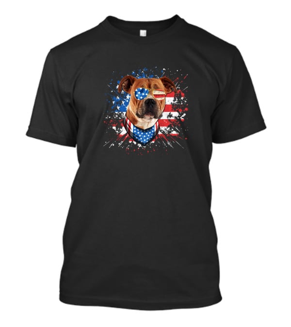 Pitbull Dog Lover American Flag Glasses Bandana Fourth Of July Funny Dog T-Shirt