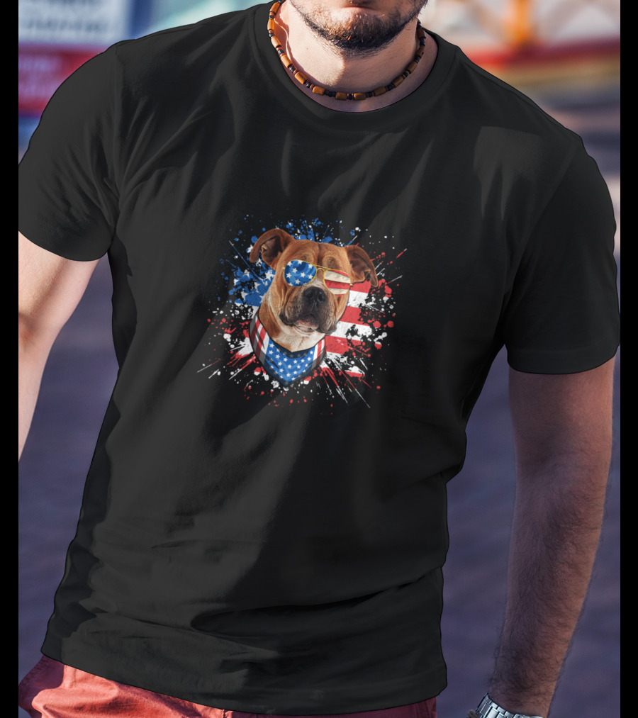 Pitbull Dog Lover American Flag Glasses Bandana Fourth Of July Funny Dog T-Shirt