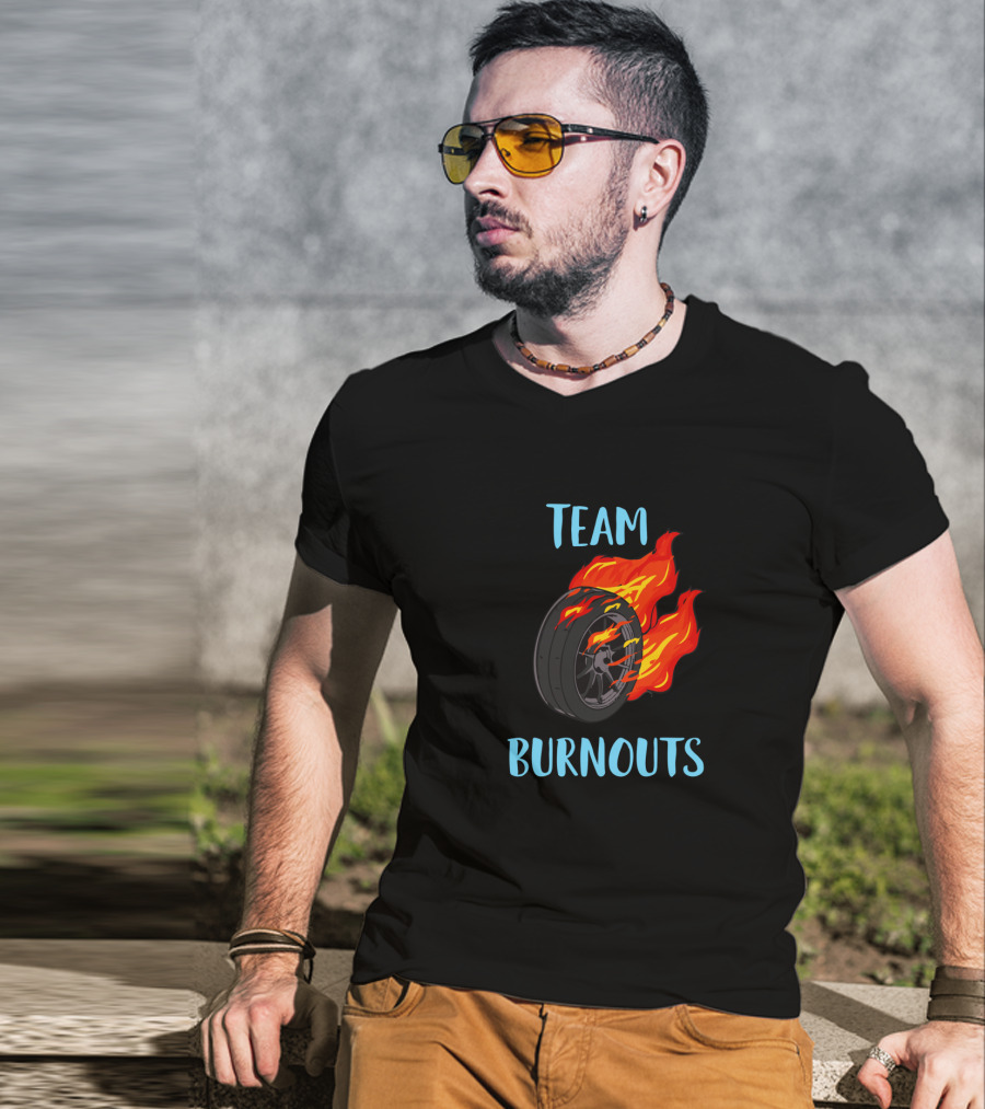 Team Burnouts Gender Reveal Party Idea Baby Boy Reveal Flame Tire T-Shirt