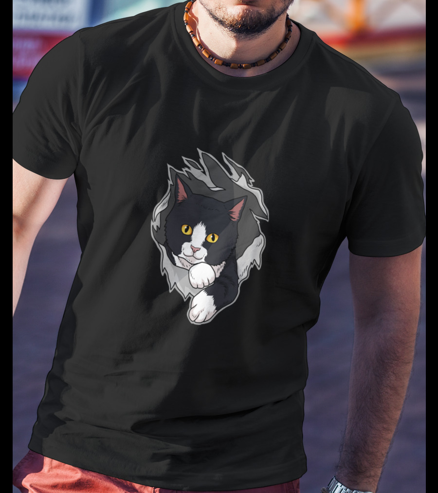 Tuxedo Cat Breaking Through For Women Men And Kitten Lovers T-Shirt