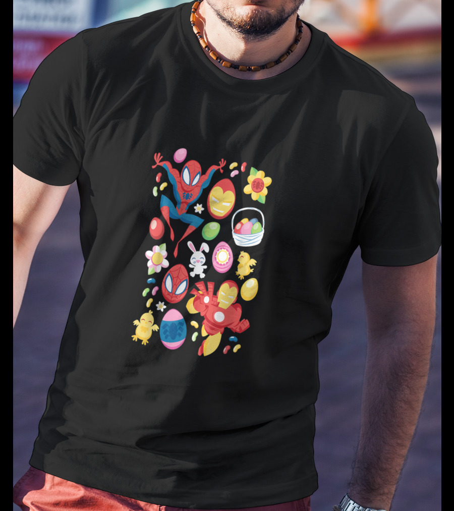 Spider Man And Iron Man Easter Celebration With Eggs And Flowers T-Shirt