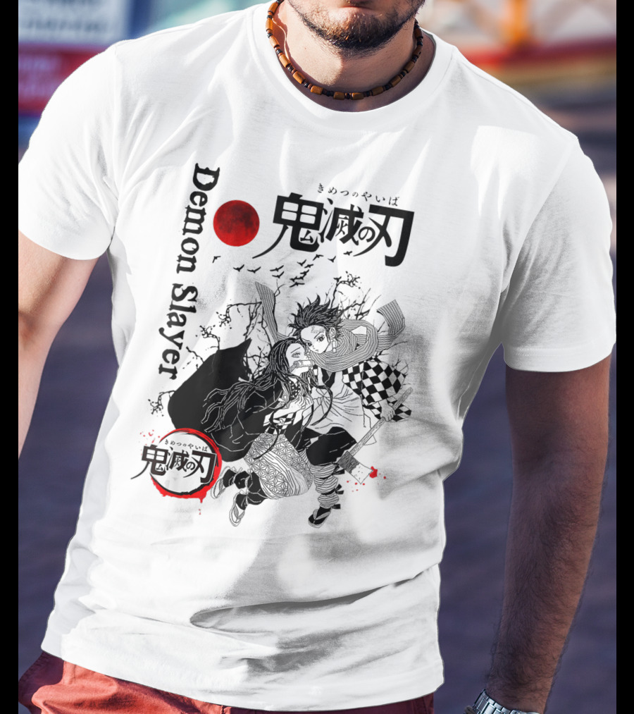 Demon Slayer Black And White Arts Anime With Red Moon T-Shirt