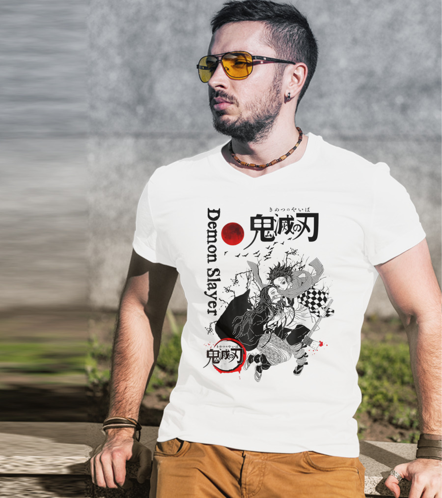 Demon Slayer Black And White Arts Anime With Red Moon T-Shirt