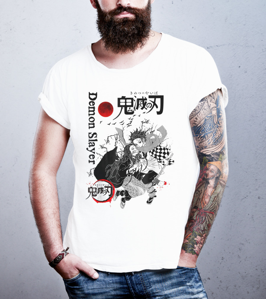 Demon Slayer Black And White Arts Anime With Red Moon T-Shirt