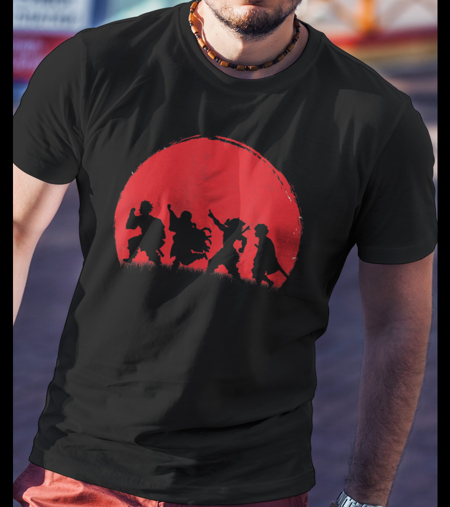Cute Anime Demon Slayers Silhouette Against Blood Moon T-Shirt