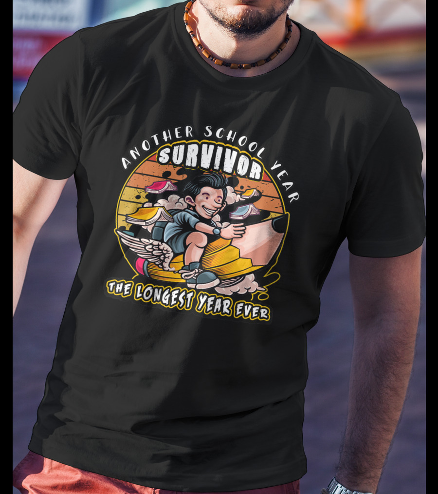 Another School Year Survivor The Longest Year Ever Retro Cartoon Pencil Ride T-Shirt