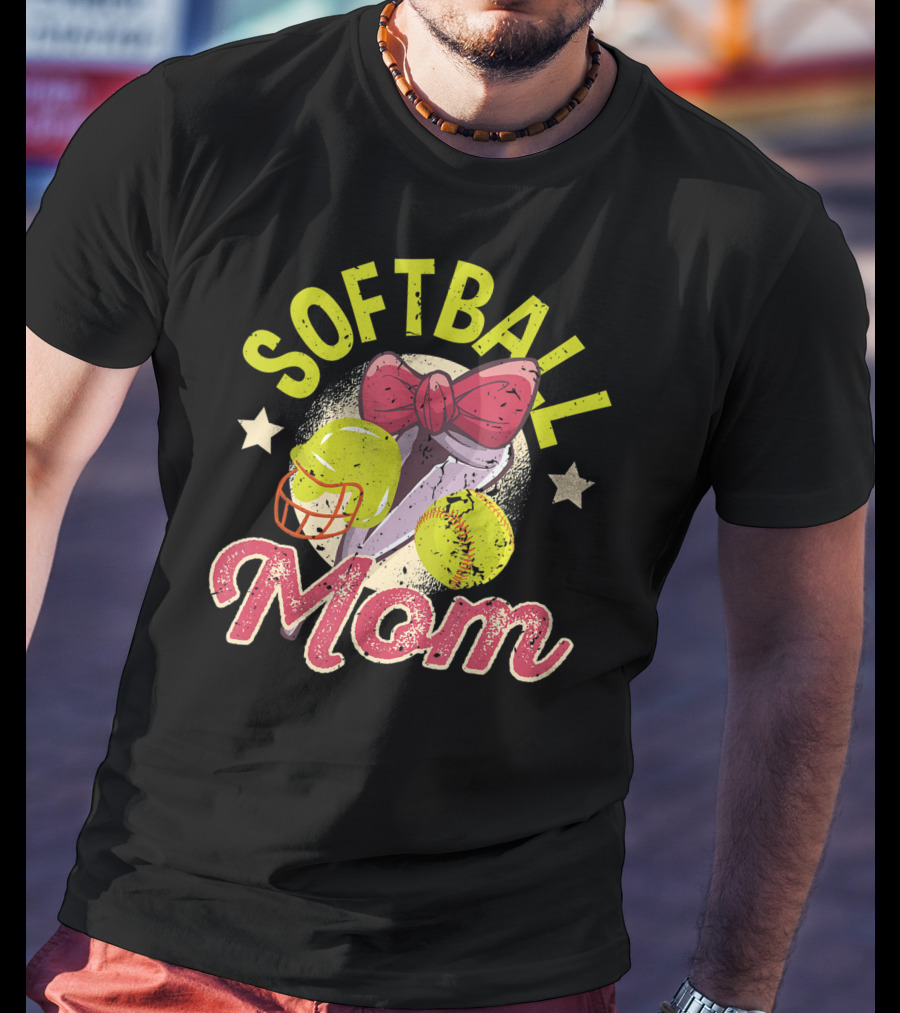 Softball Mom Mother's Day Softball Mama Bow Helmet Ball T-Shirt