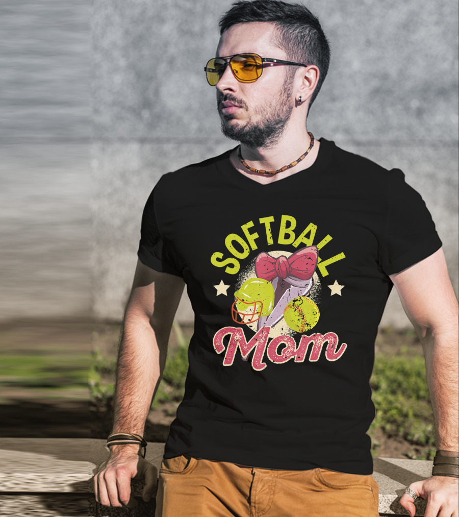 Softball Mom Mother's Day Softball Mama Bow Helmet Ball T-Shirt