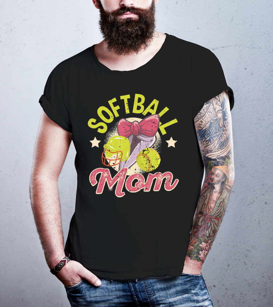 Softball Mom Mother's Day Softball Mama Bow Helmet Ball T-Shirt