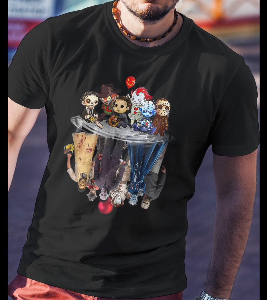 Cute Horror Movie Chibi Character Water Reflection Iconic Figures T-Shirt