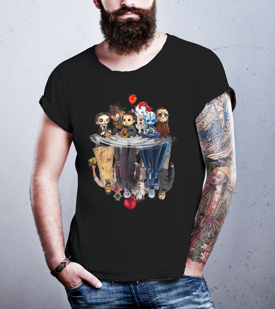 Cute Horror Movie Chibi Character Water Reflection Iconic Figures T-Shirt