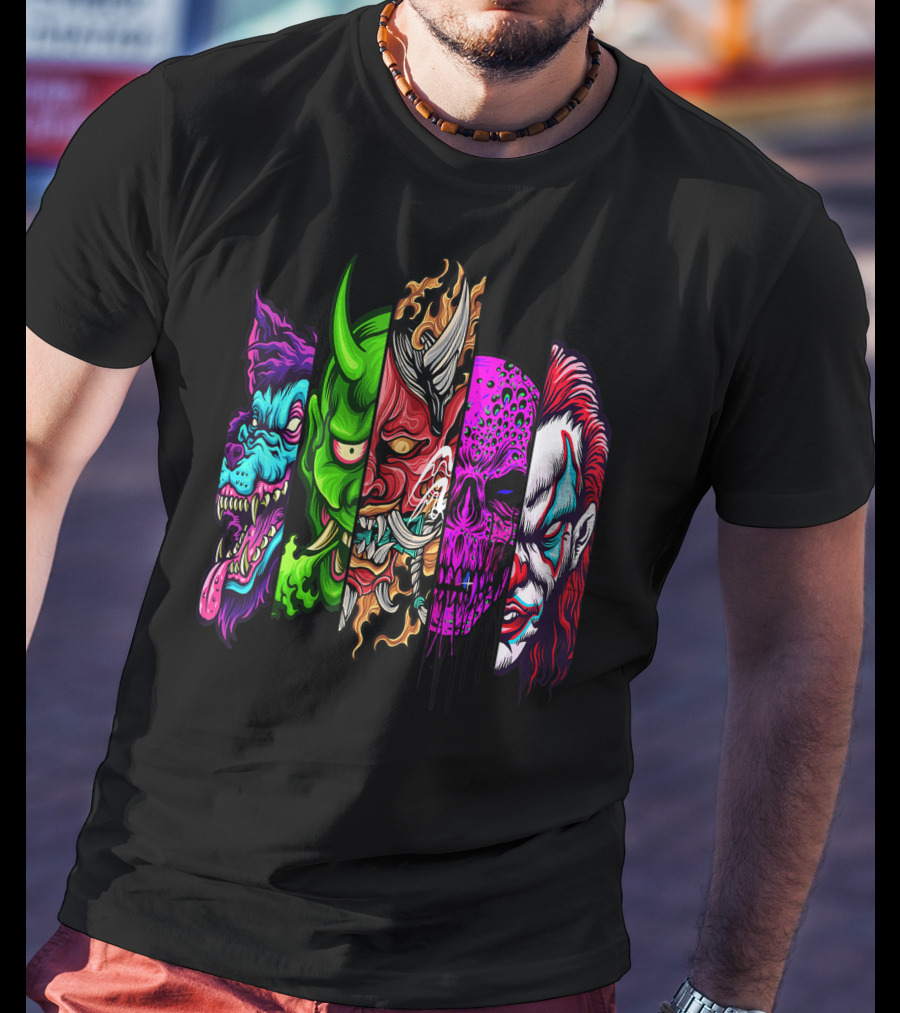 Evil Demons Horror Creatures Scary Halloween Monster Faces T-Shirt