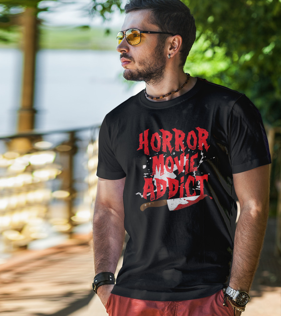 Horror Movie Addict Funny Scary Film Junkie With Bloody Knife T-Shirt