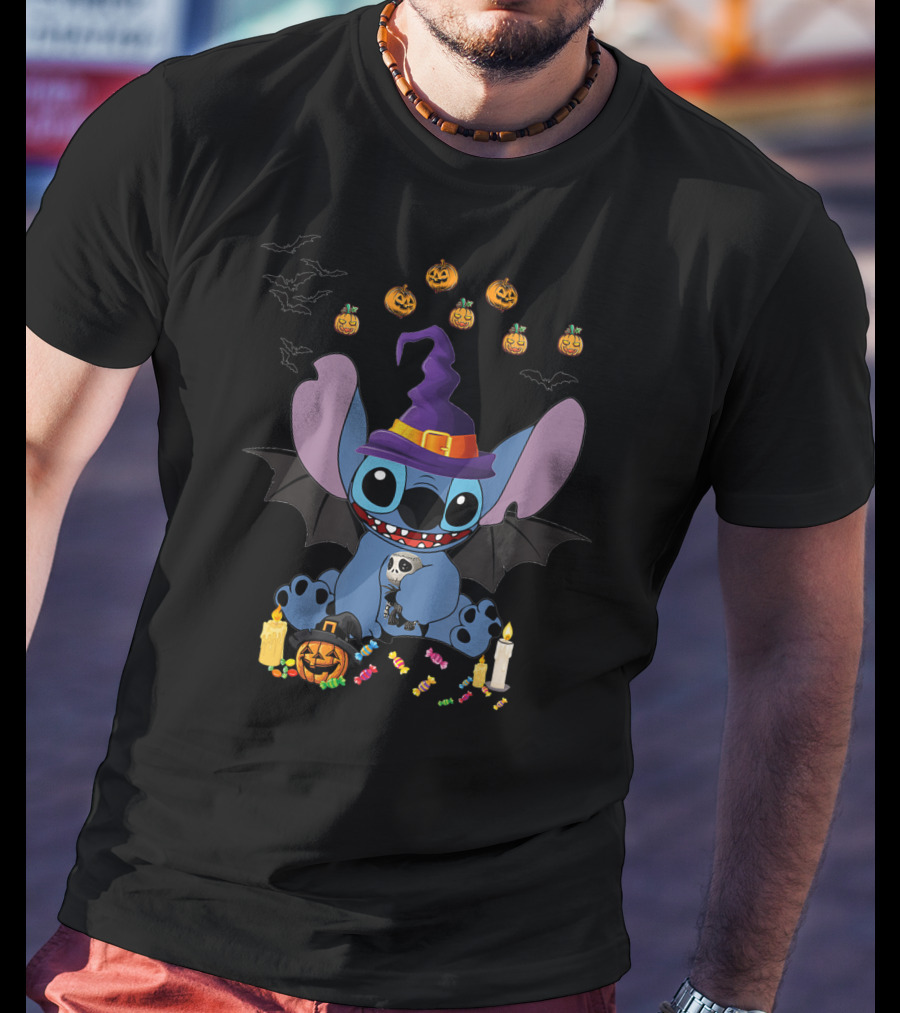 Stitch In Witch Hat Surrounded By Pumpkins And Candies T-Shirt
