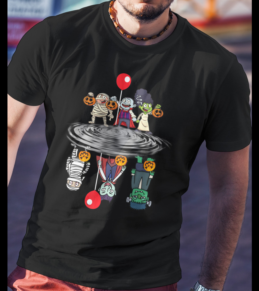 Halloween Horror Characters Reflection In Water With Red Balloons T-Shirt