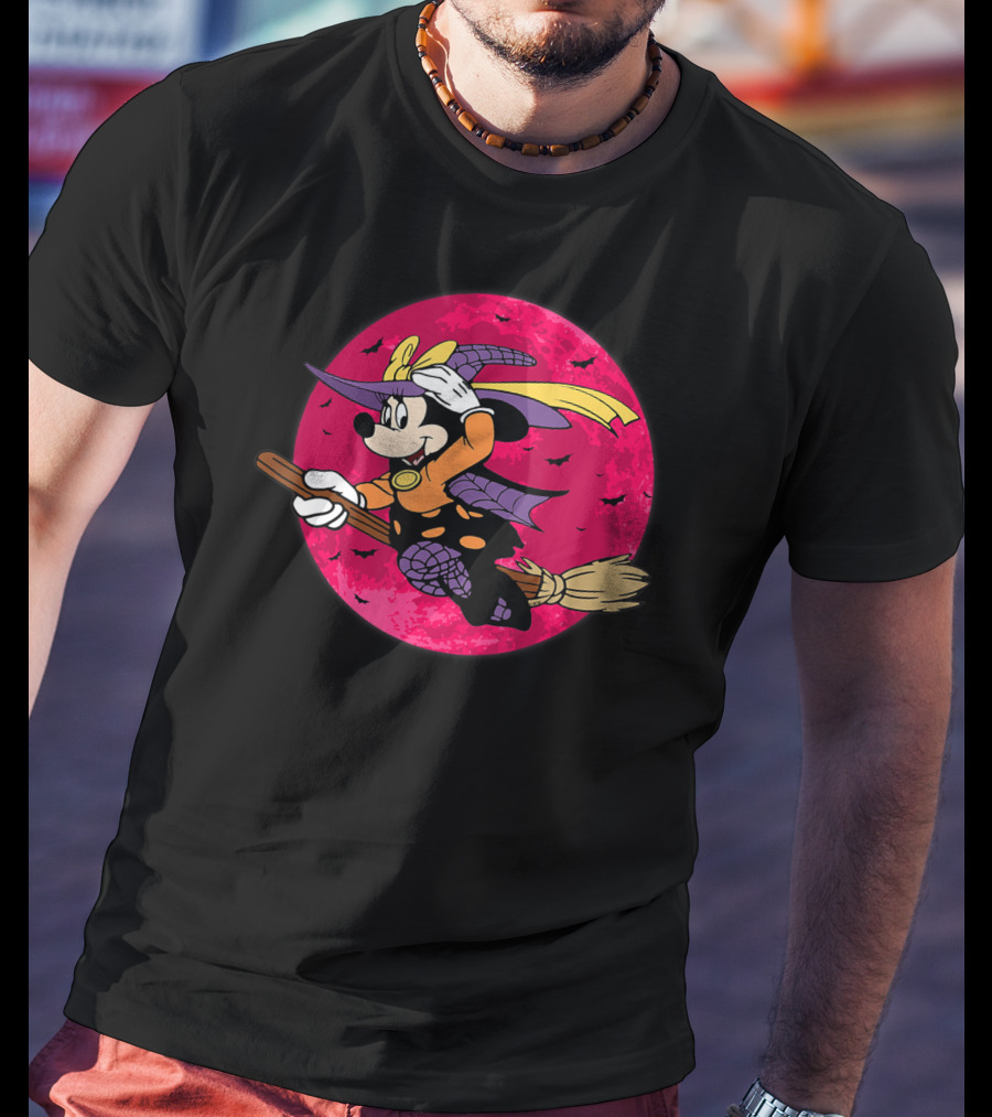Happy Halloween Witch Costume Broomstick Against Pink Moon With Bats T-Shirt
