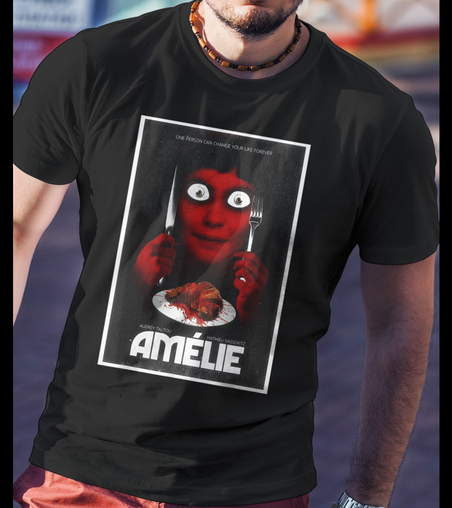 Amélie Horror Parody Audrey Tautou Matthieu Kassovitz Creepy Croissant T-Shirt