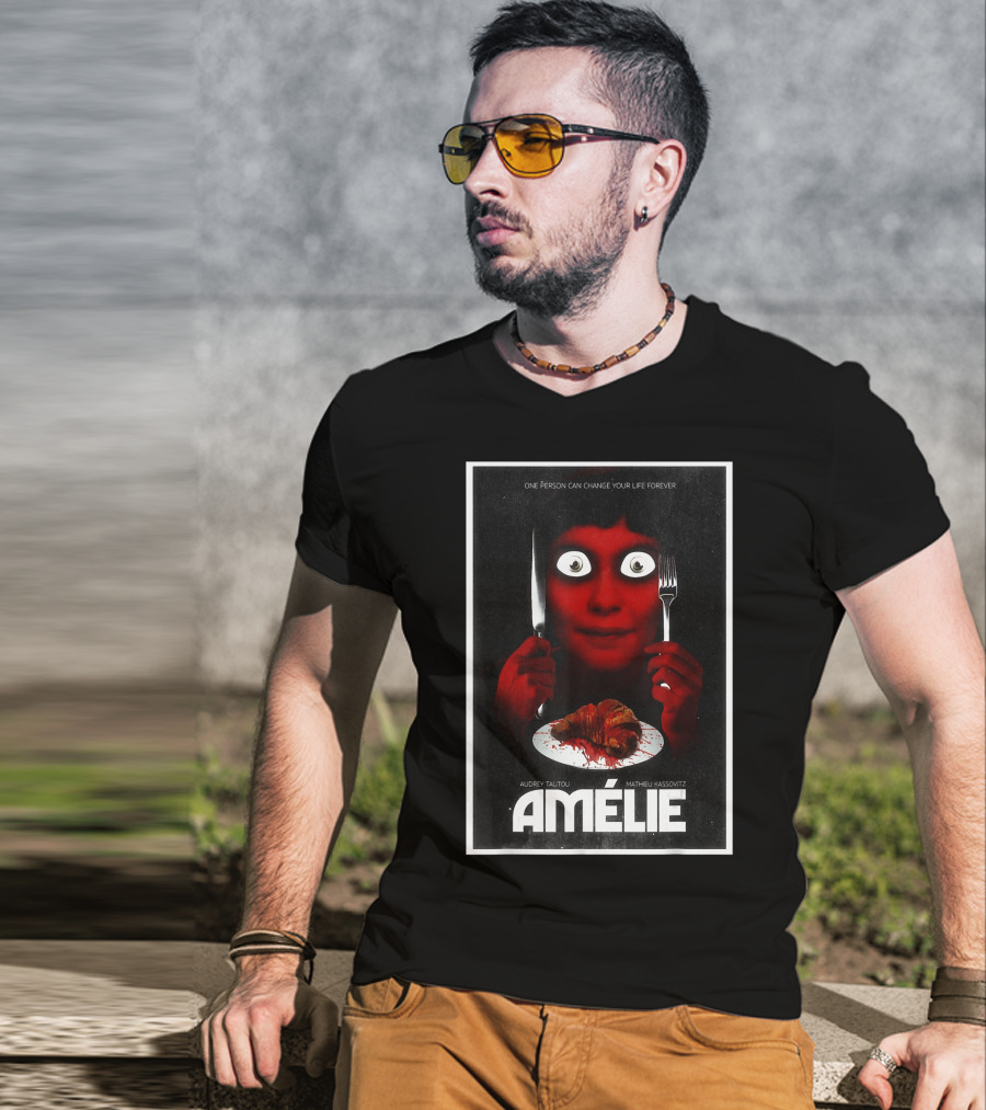 Amélie Horror Parody Audrey Tautou Matthieu Kassovitz Creepy Croissant T-Shirt