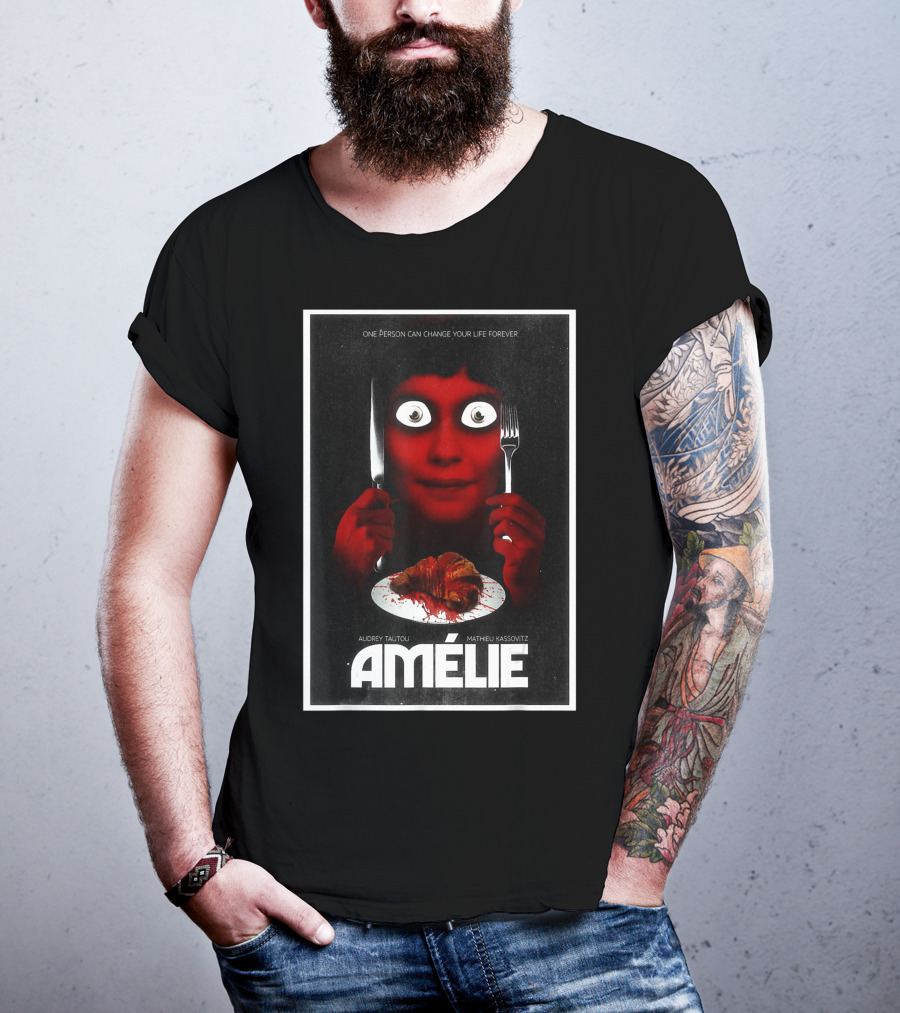Amélie Horror Parody Audrey Tautou Matthieu Kassovitz Creepy Croissant T-Shirt