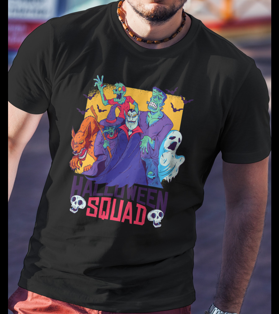 Halloween Squad Funny Horror Characters Vampire Wolf Zombie Ghost Monster T-Shirt