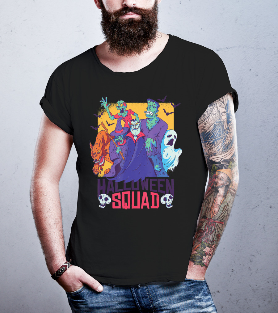 Halloween Squad Funny Horror Characters Vampire Wolf Zombie Ghost Monster T-Shirt