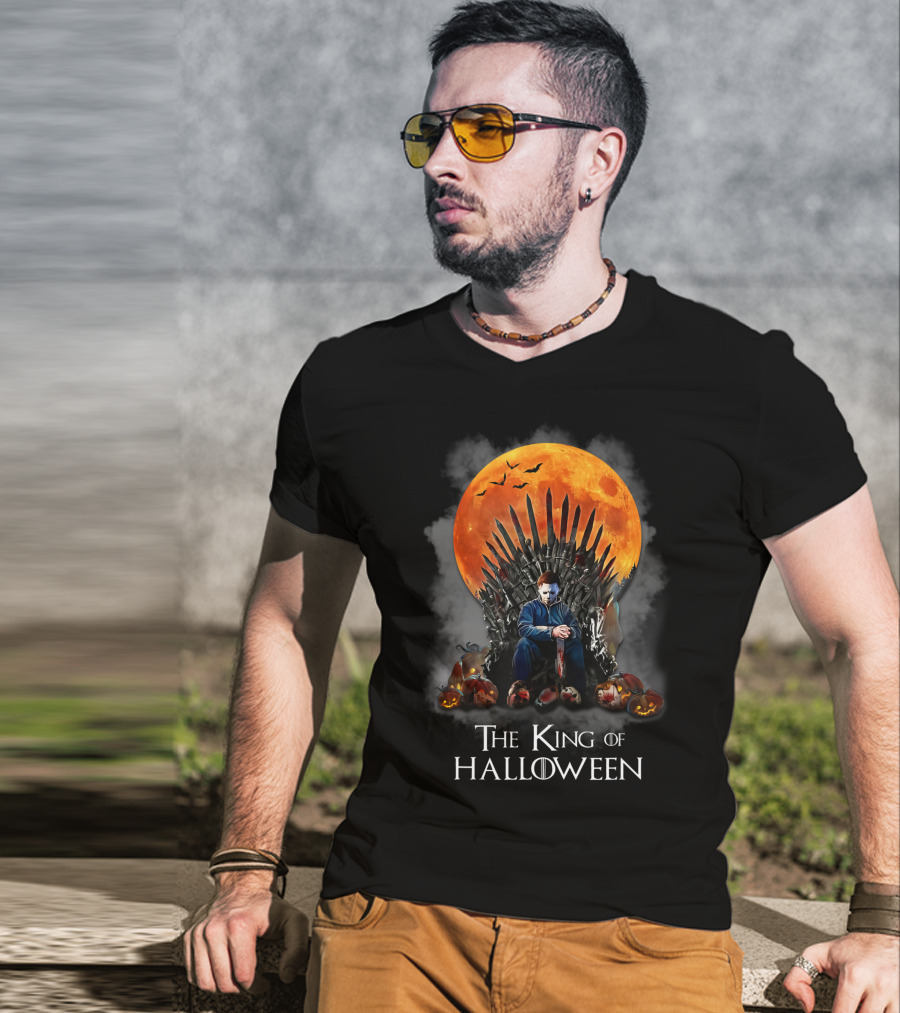 The King Of Halloween Horror Characters On Throne With Full Moon And Pumpkins T-Shirt