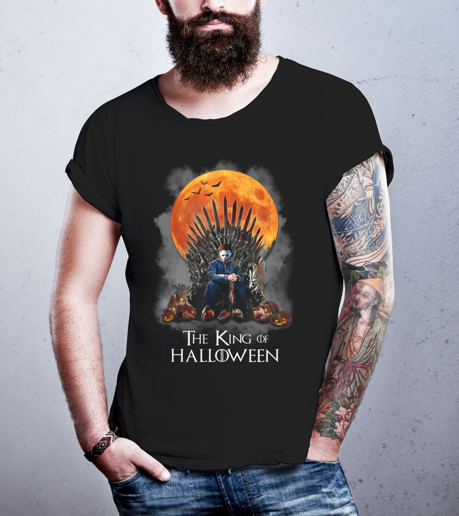 The King Of Halloween Horror Characters On Throne With Full Moon And Pumpkins T-Shirt