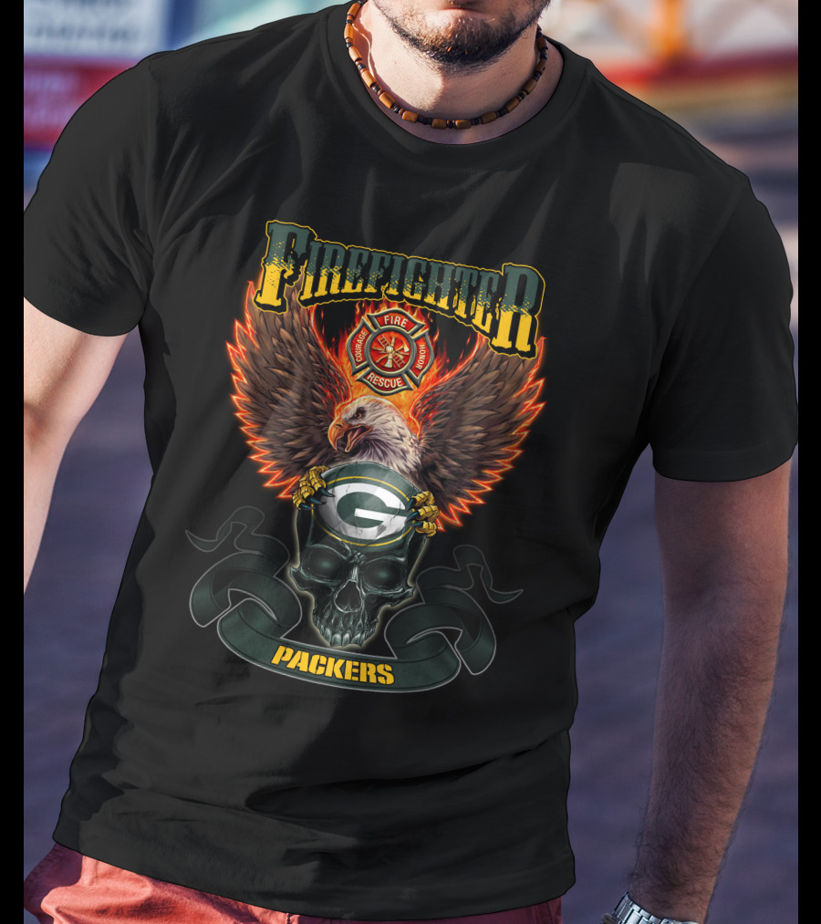 Firefighter Fire Rescue Eagle Green Bay Packers Skull T-Shirt