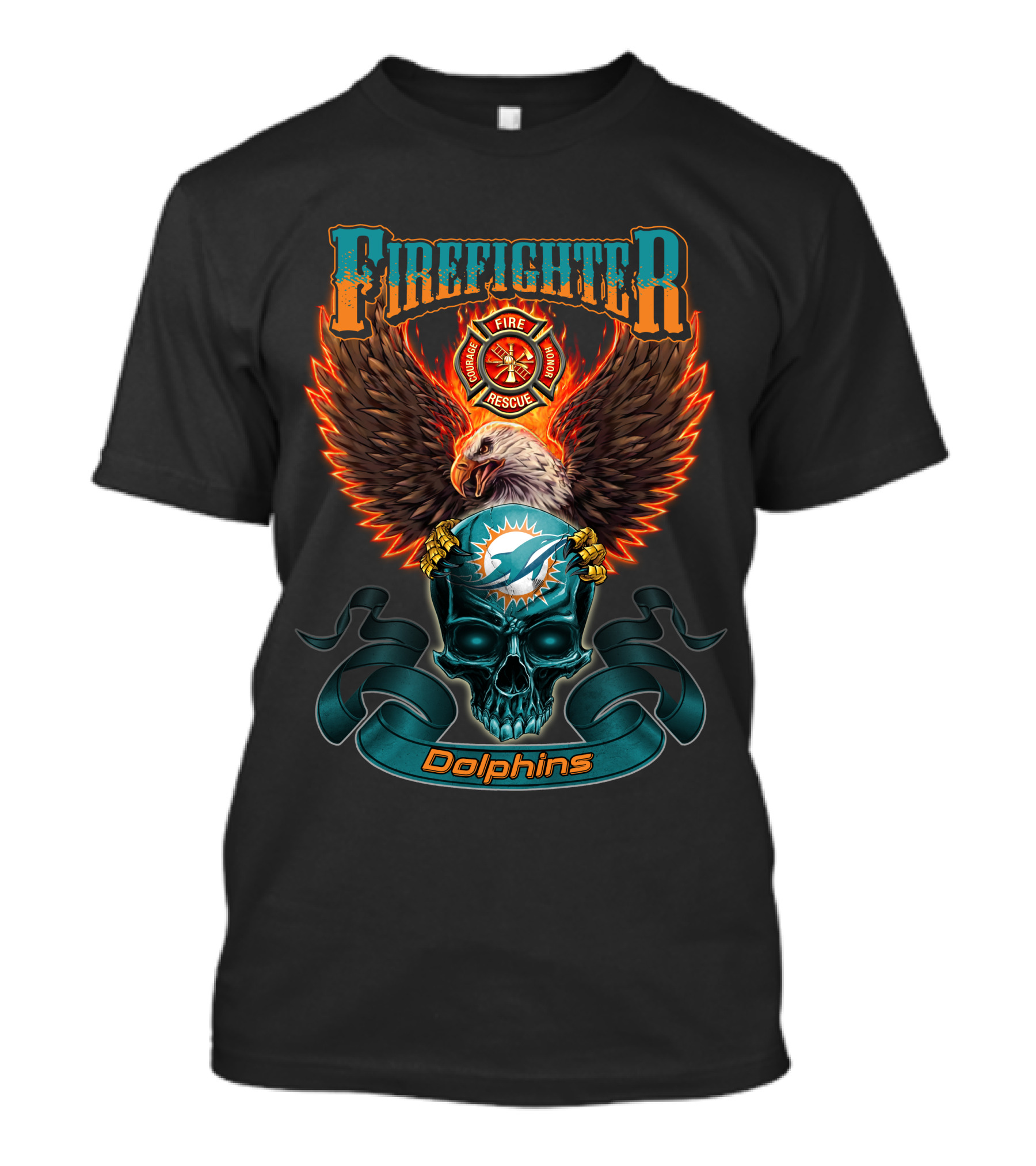 Firefighter Fire Rescue Eagle Miami Dolphins Skull T-Shirt