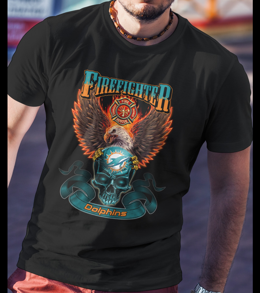 Firefighter Fire Rescue Eagle Miami Dolphins Skull T-Shirt