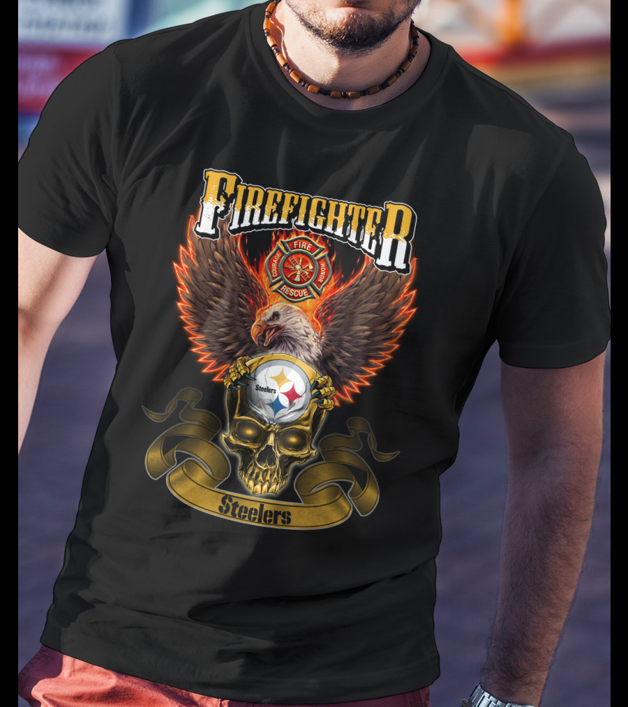 Firefighter Eagle Pittsburgh Steelers Fire Rescue Badge Skull T-Shirt