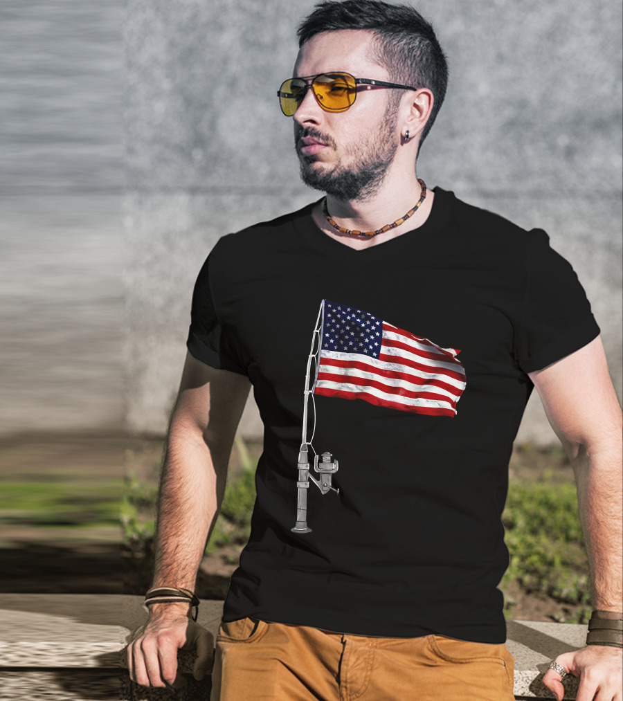 American Fishing Rod Flag Camping T-Shirt