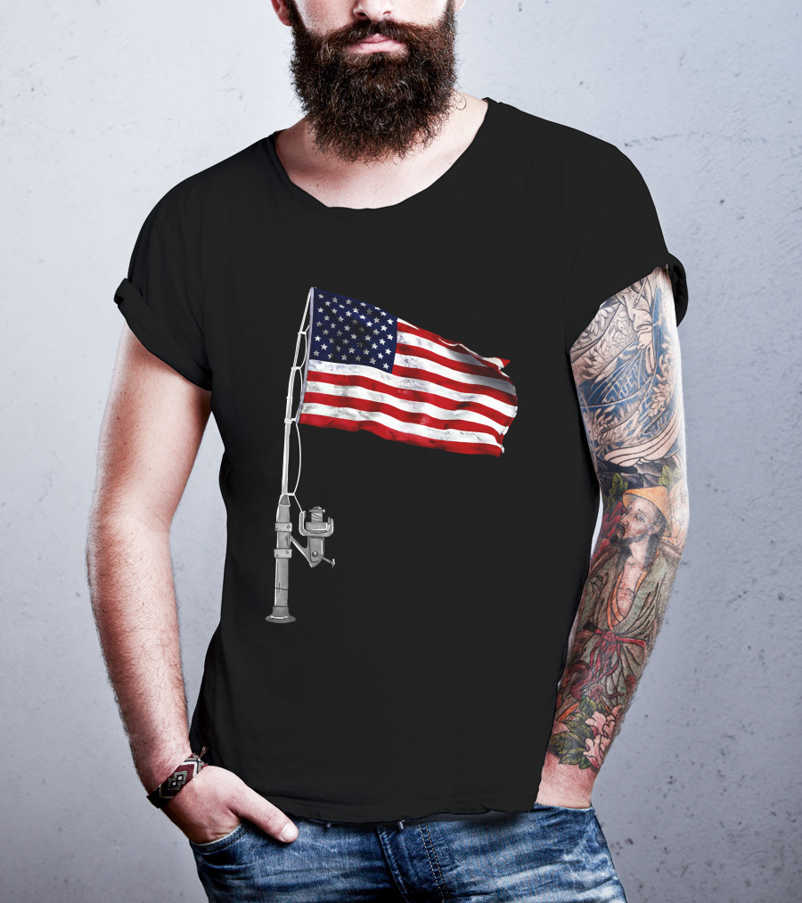 American Fishing Rod Flag Camping T-Shirt