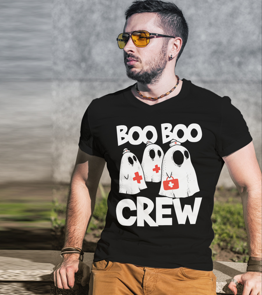 Boo Boo Crew Ghost Nurse Halloween With Medical Cross T-Shirt