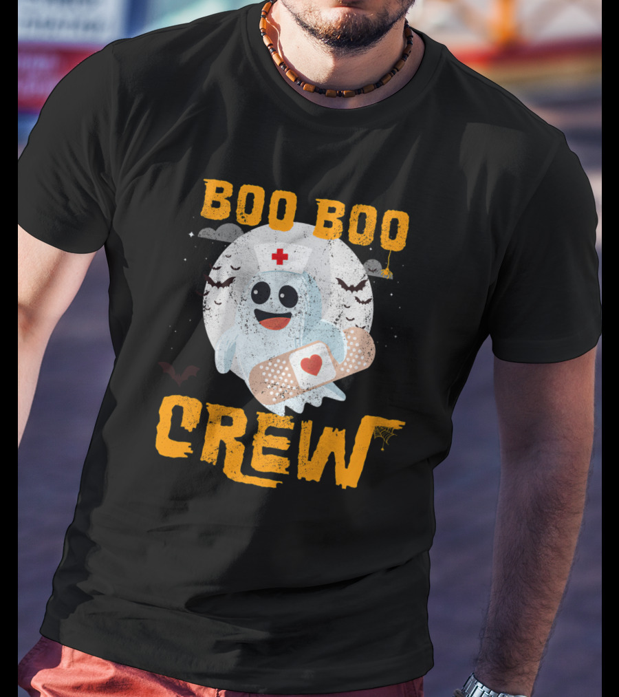 Boo Boo Crew Nurse Ghost With Bandage And Bats Moon Halloween T-Shirt