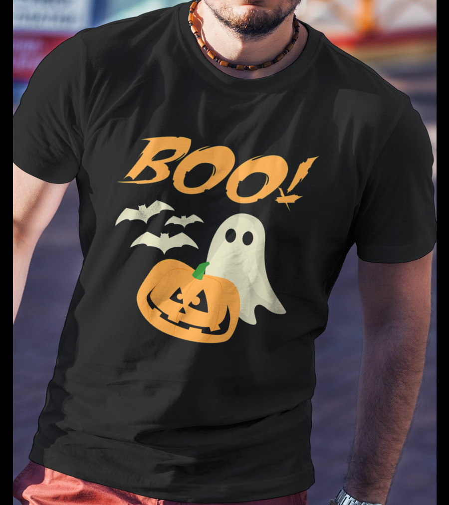 Boo Halloween Ghost Bats Jack O Lantern Spooky Scene T-Shirt