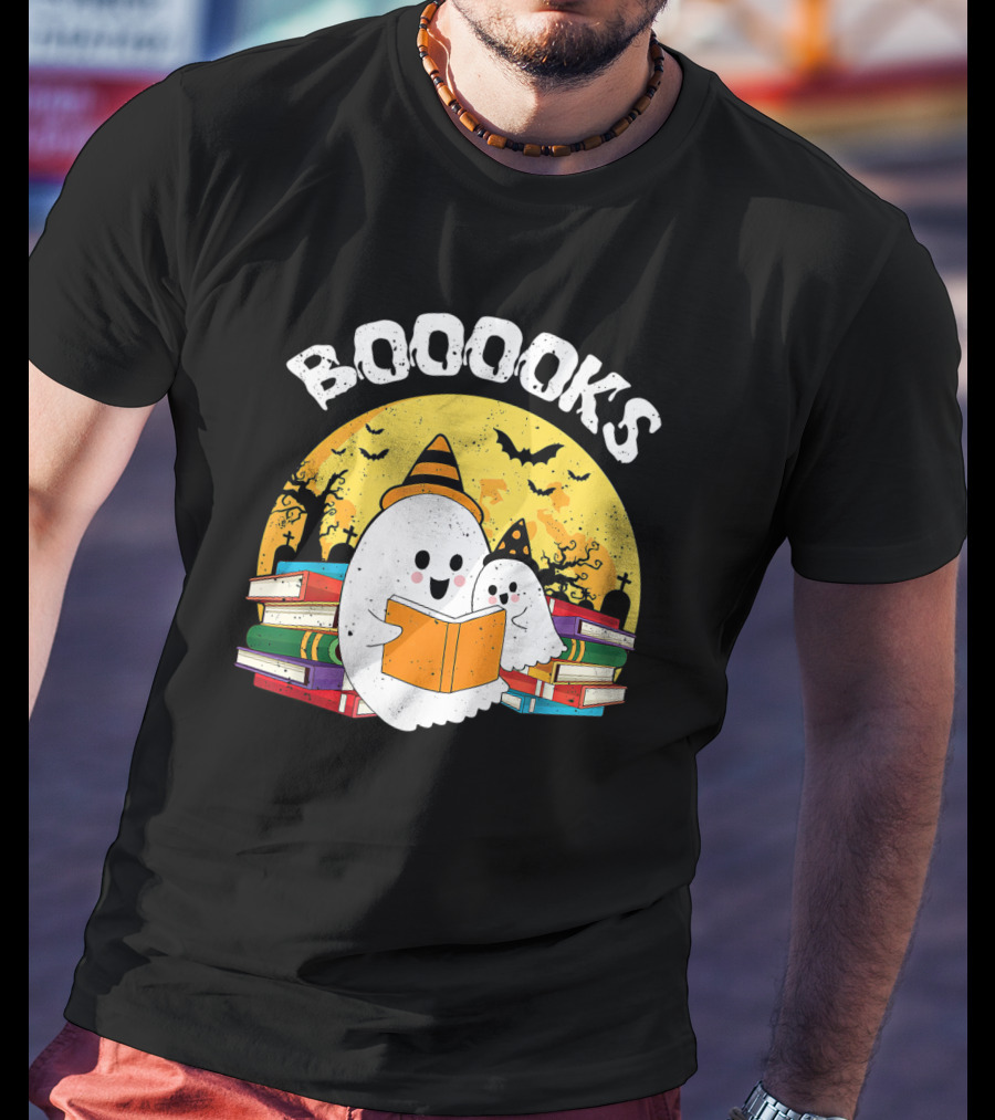 BOOOOKS Ghost With Witch Hat Reading Stacked Books Halloween Moon Bats T-Shirt