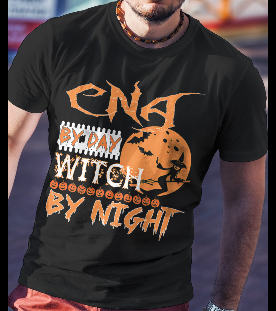 CNA By Day Witch By Night Flying Witch On Broom With Pumpkins And Bats T-Shirt